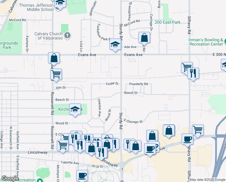 map of restaurants, bars, coffee shops, grocery stores, and more near 1907 Cedar Street in Valparaiso