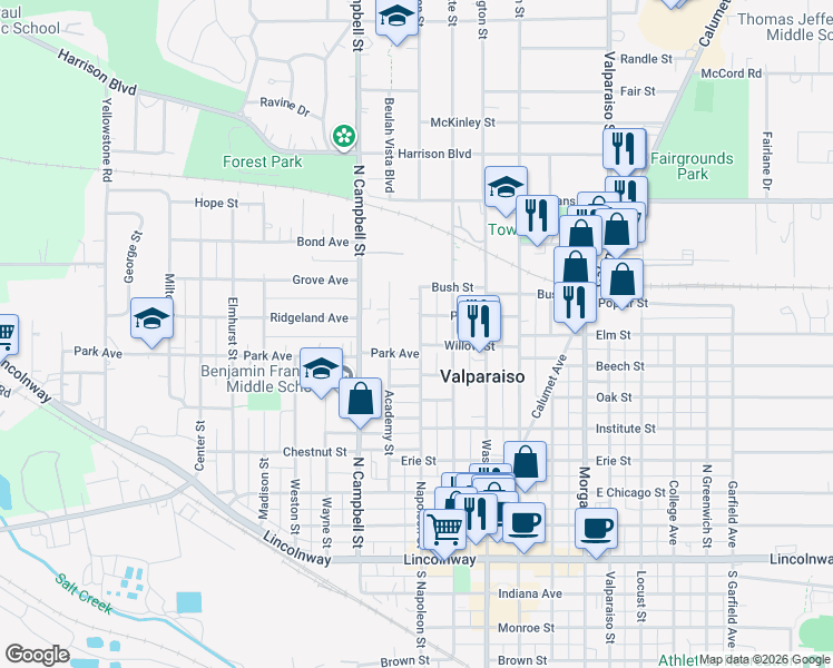 map of restaurants, bars, coffee shops, grocery stores, and more near 174-198 Pine Street in Valparaiso