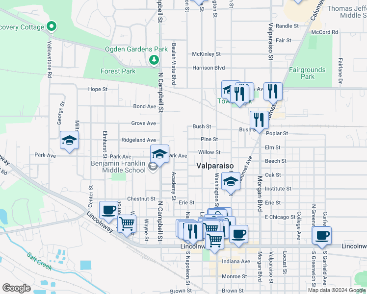 map of restaurants, bars, coffee shops, grocery stores, and more near 802 Academy Street in Valparaiso
