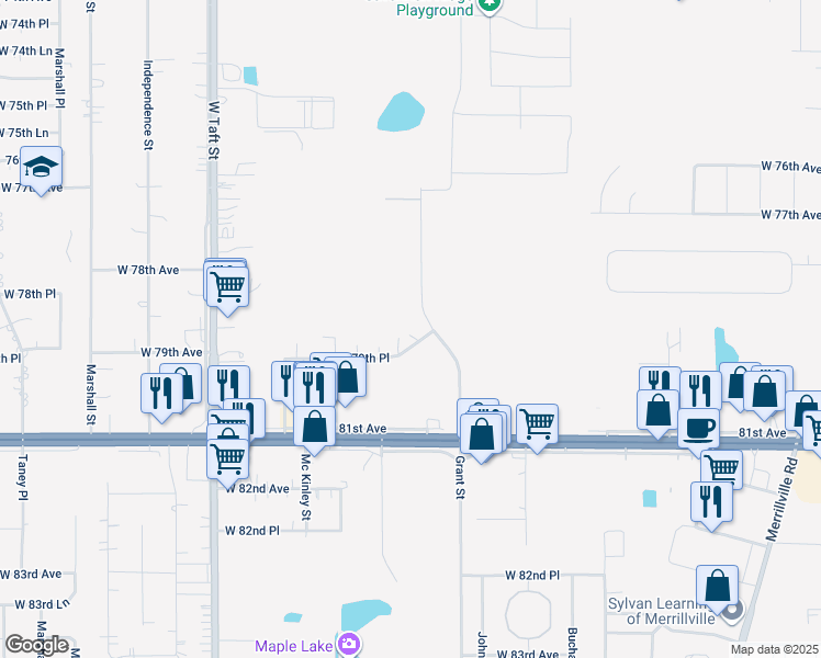 map of restaurants, bars, coffee shops, grocery stores, and more near 7722 Grant Street in Merrillville