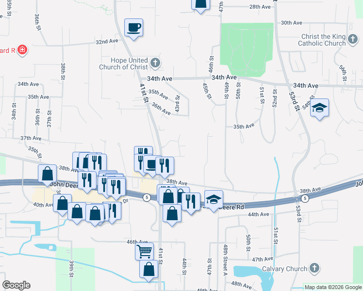 map of restaurants, bars, coffee shops, grocery stores, and more near 3630 Pine Ridge Court in Moline
