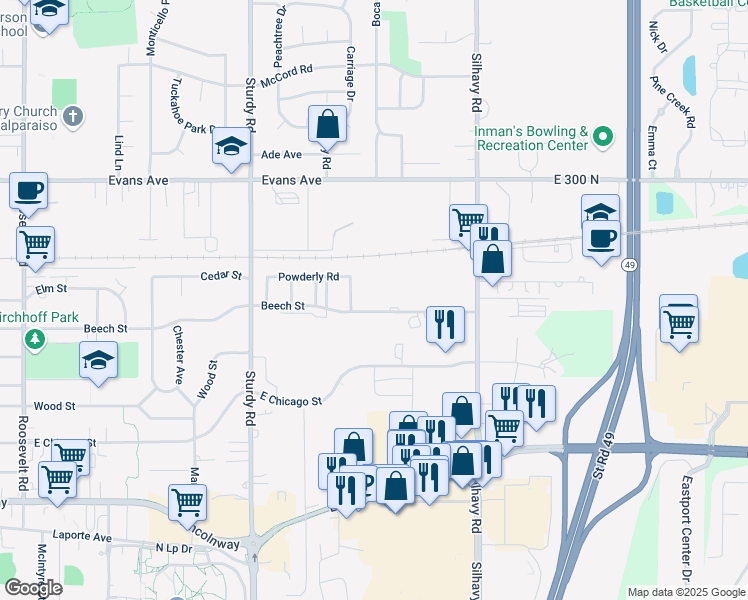 map of restaurants, bars, coffee shops, grocery stores, and more near 2411 Beech Street in Valparaiso