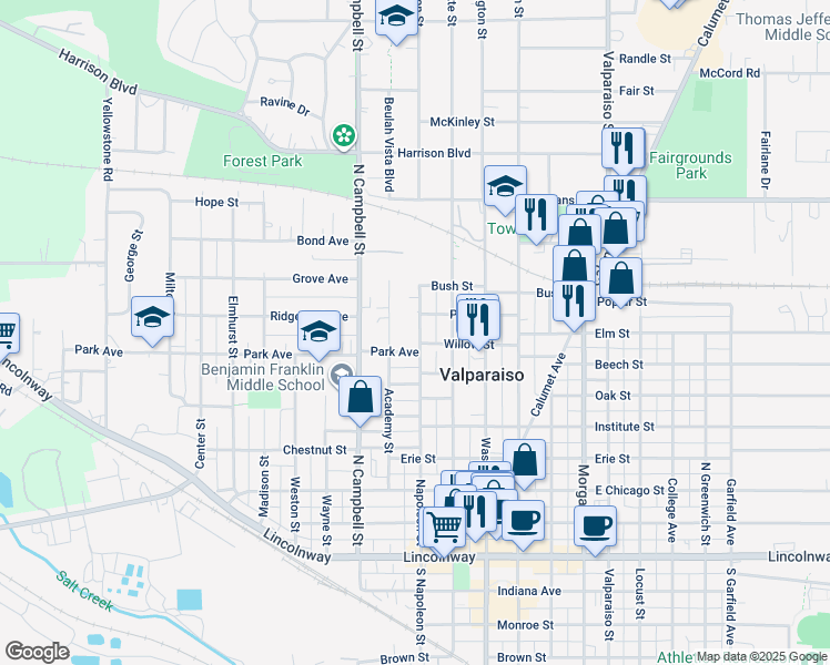 map of restaurants, bars, coffee shops, grocery stores, and more near 174-198 Pine Street in Valparaiso