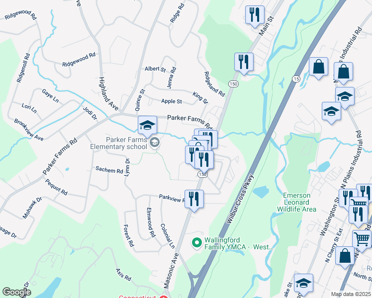 map of restaurants, bars, coffee shops, grocery stores, and more near 89 North Turnpike Road in Wallingford
