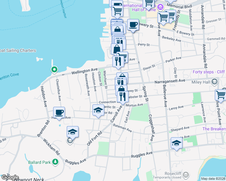 map of restaurants, bars, coffee shops, grocery stores, and more near 14 West Narragansett Avenue in Newport
