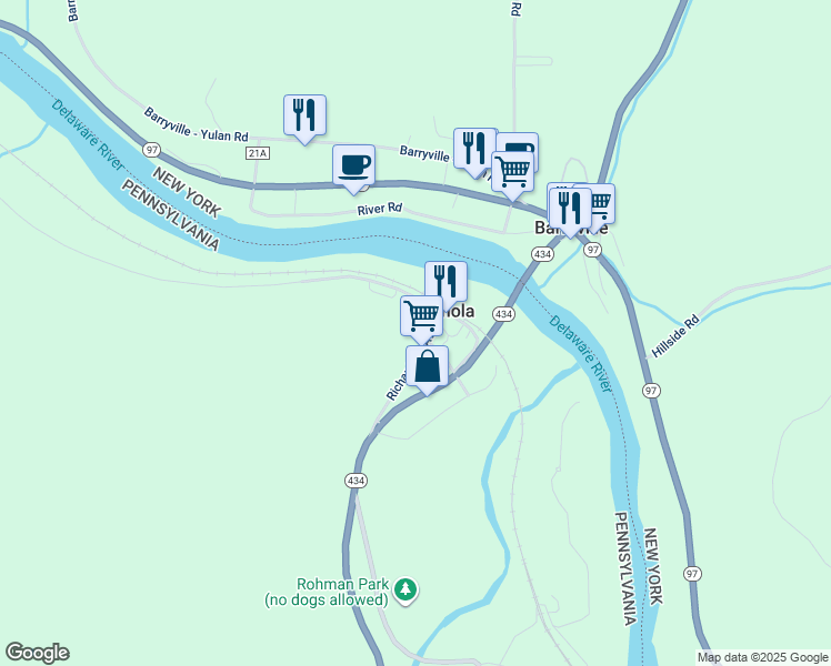 map of restaurants, bars, coffee shops, grocery stores, and more near 109 Richardson Avenue in Shohola