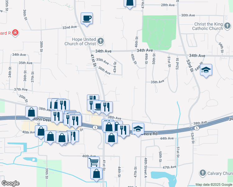 map of restaurants, bars, coffee shops, grocery stores, and more near 3632 Pine Ridge Court in Moline
