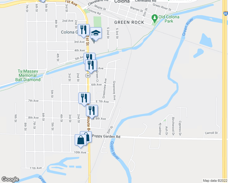map of restaurants, bars, coffee shops, grocery stores, and more near 607 Greenway Avenue in Colona