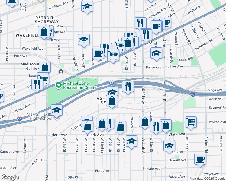 map of restaurants, bars, coffee shops, grocery stores, and more near 4817 Fenwick Avenue in Cleveland