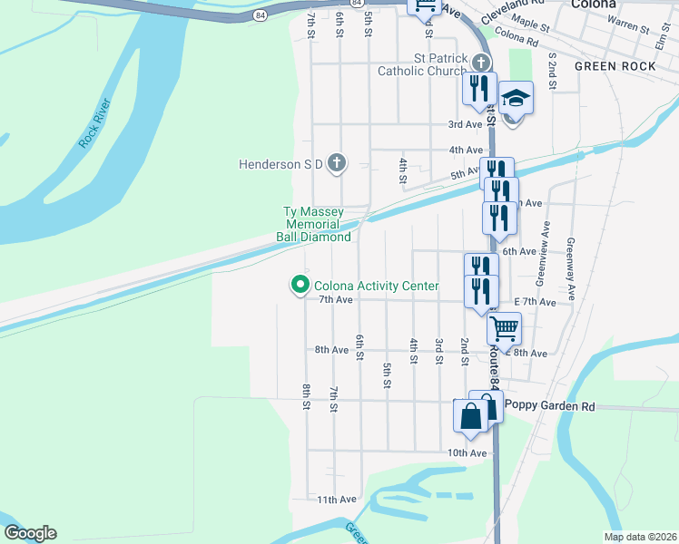 map of restaurants, bars, coffee shops, grocery stores, and more near 504 6th Street in Colona