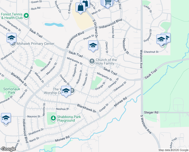 map of restaurants, bars, coffee shops, grocery stores, and more near 311 South Orchard Drive in Park Forest