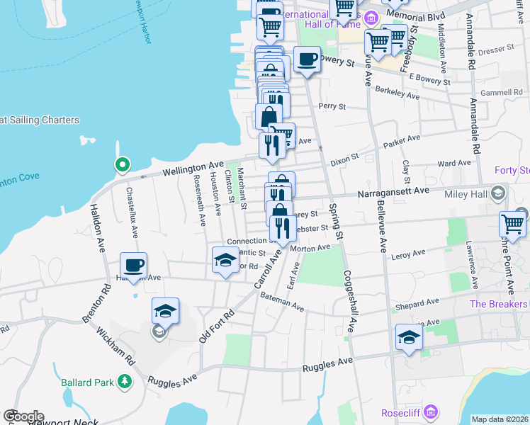 map of restaurants, bars, coffee shops, grocery stores, and more near 14 West Narragansett Avenue in Newport