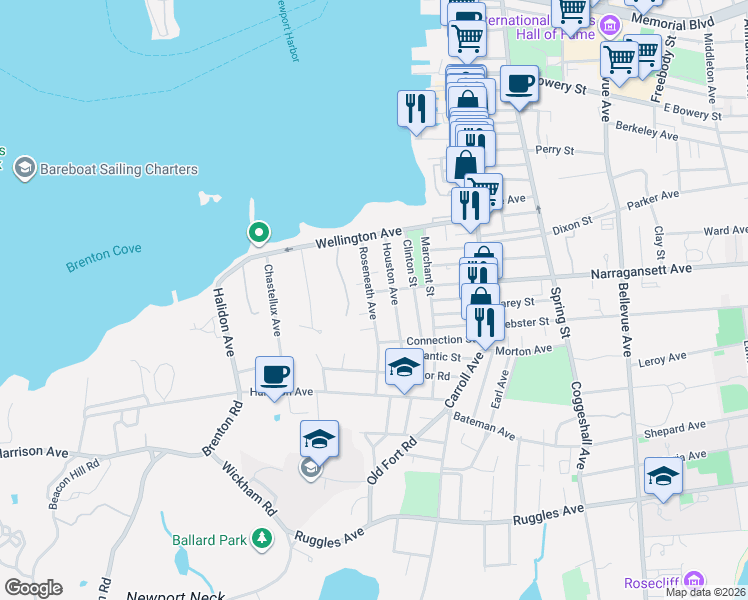 map of restaurants, bars, coffee shops, grocery stores, and more near 51 Roseneath Avenue in Newport