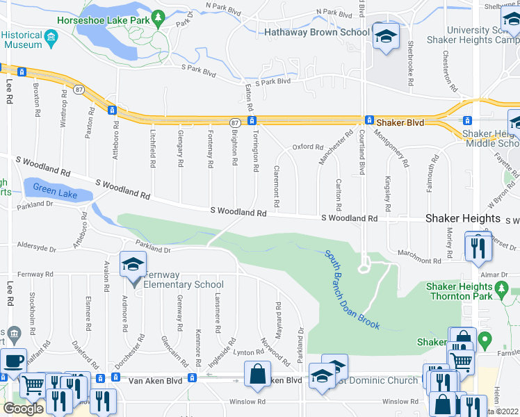 map of restaurants, bars, coffee shops, grocery stores, and more near 2996 Claremont Road in Shaker Heights