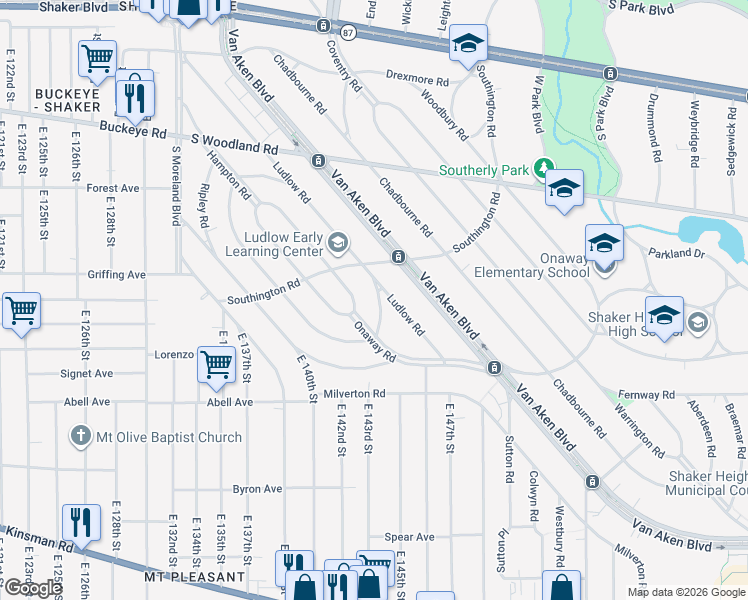 map of restaurants, bars, coffee shops, grocery stores, and more near 3113 Ludlow Road in Cleveland