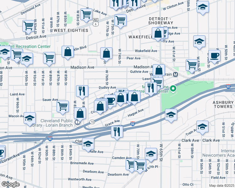 map of restaurants, bars, coffee shops, grocery stores, and more near 7415 Dudley Avenue in Cleveland