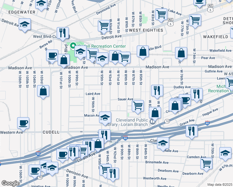 map of restaurants, bars, coffee shops, grocery stores, and more near 2073 West 93rd Street in Cleveland