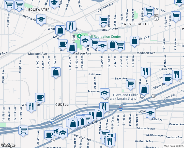 map of restaurants, bars, coffee shops, grocery stores, and more near 9617 Larnder Avenue in Cleveland
