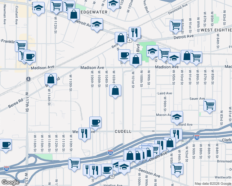 map of restaurants, bars, coffee shops, grocery stores, and more near 2072 West Boulevard in Cleveland