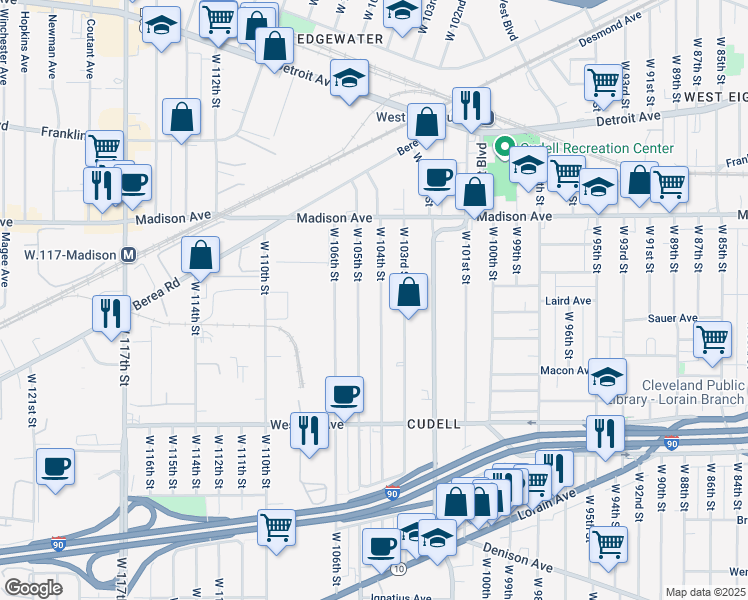 map of restaurants, bars, coffee shops, grocery stores, and more near 2075 West 104th Street in Cleveland