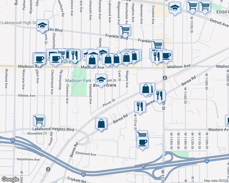 map of restaurants, bars, coffee shops, grocery stores, and more near 2065 Robin Street in Lakewood