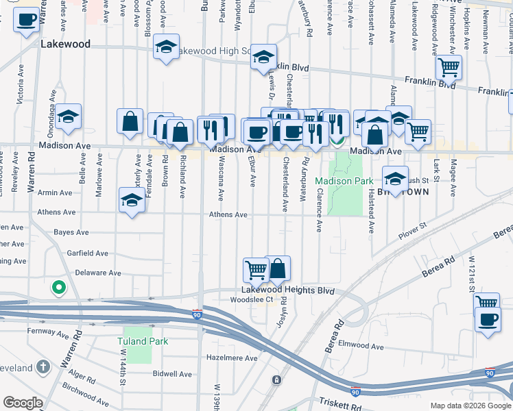 map of restaurants, bars, coffee shops, grocery stores, and more near 2070 Lewis Drive in Lakewood