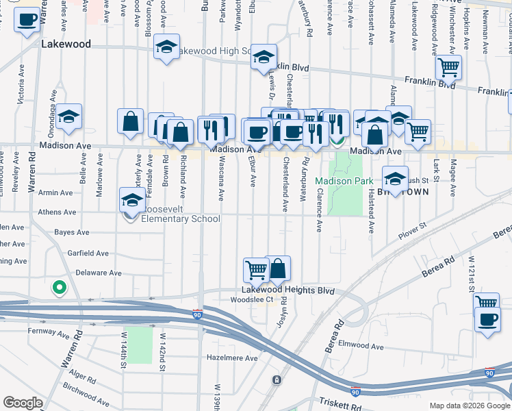 map of restaurants, bars, coffee shops, grocery stores, and more near 2070 Lewis Drive in Lakewood