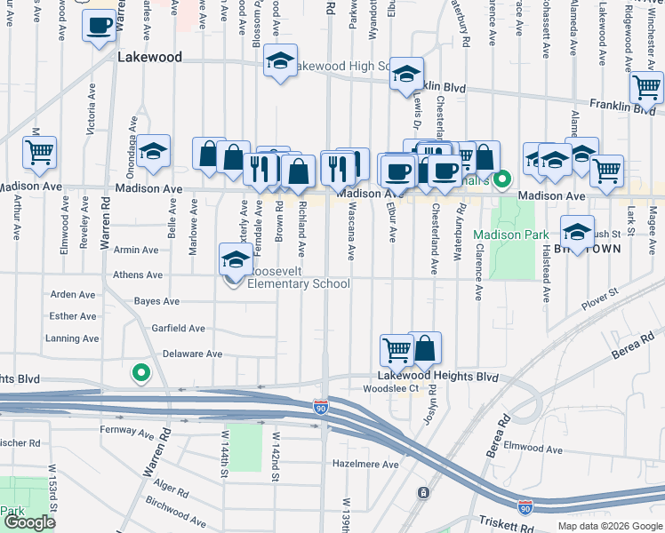 map of restaurants, bars, coffee shops, grocery stores, and more near 2073 Bunts Road in Lakewood