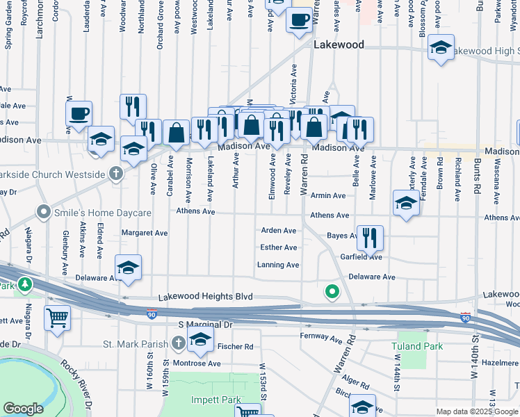 map of restaurants, bars, coffee shops, grocery stores, and more near 2084 Elmwood Avenue in Lakewood