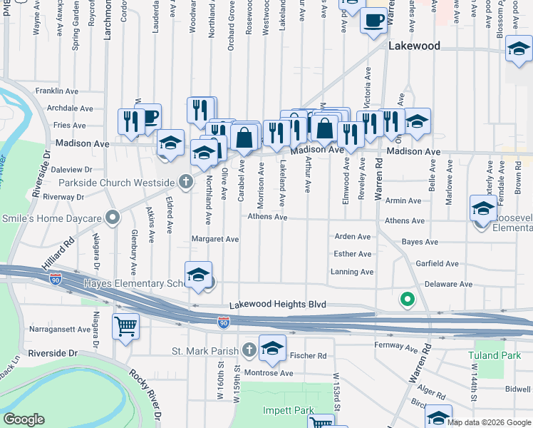 map of restaurants, bars, coffee shops, grocery stores, and more near 2071 Morrison Avenue in Lakewood