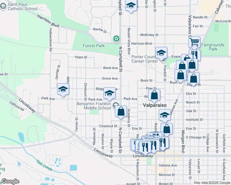 map of restaurants, bars, coffee shops, grocery stores, and more near 801-825 N Campbell St in Valparaiso