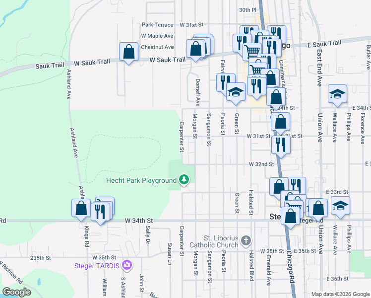 map of restaurants, bars, coffee shops, grocery stores, and more near 3117 Carpenter Street in Steger
