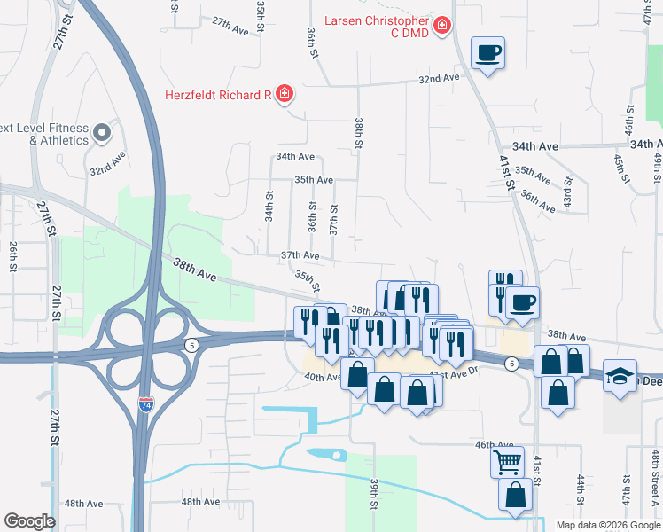 map of restaurants, bars, coffee shops, grocery stores, and more near 3615 37th Avenue in Moline