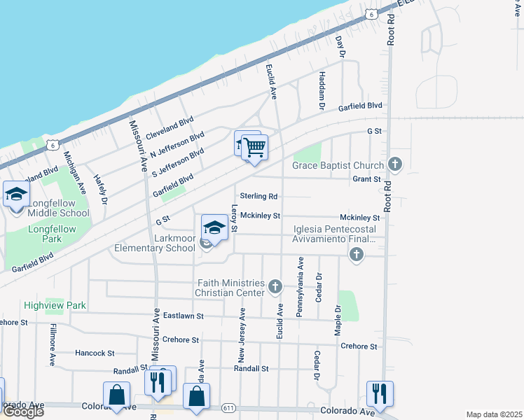 map of restaurants, bars, coffee shops, grocery stores, and more near 2887 Mckinley Street in Lorain