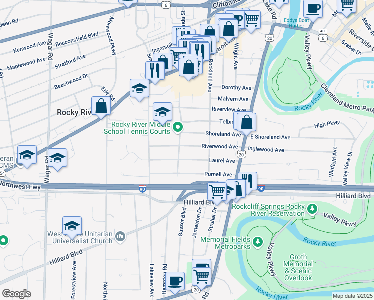 map of restaurants, bars, coffee shops, grocery stores, and more near 19682 Riverwood Avenue in Rocky River