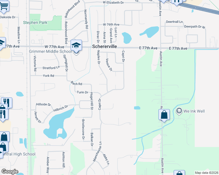map of restaurants, bars, coffee shops, grocery stores, and more near 2558-2598 Naples Dr in Schererville