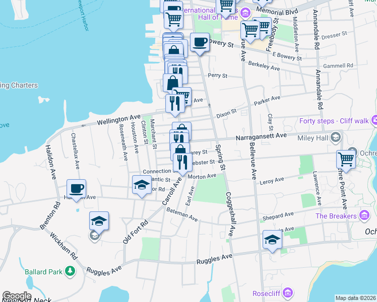 map of restaurants, bars, coffee shops, grocery stores, and more near 5 Narragansett Avenue in Newport