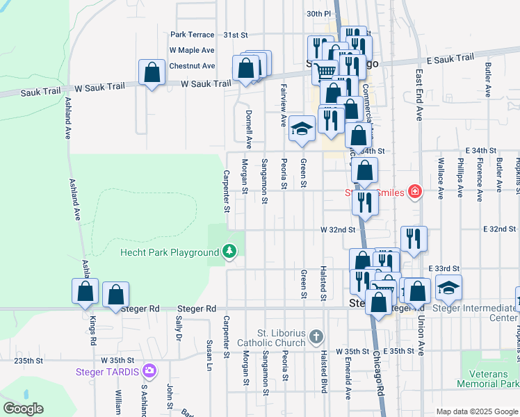 map of restaurants, bars, coffee shops, grocery stores, and more near 3120 Sangamon Street in Steger