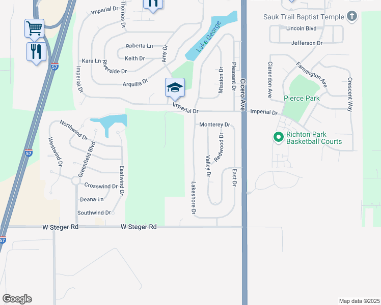 map of restaurants, bars, coffee shops, grocery stores, and more near 22830 Lakeshore Drive in Richton Park
