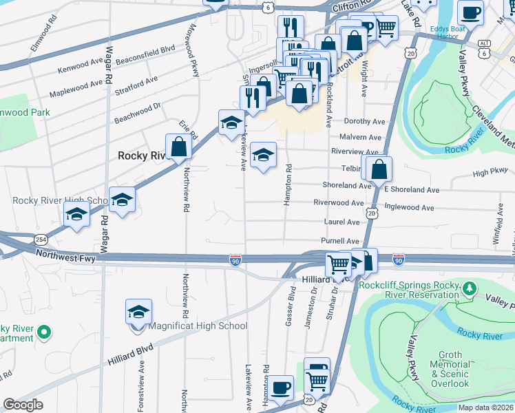 map of restaurants, bars, coffee shops, grocery stores, and more near 20019 Riverwood Avenue in Rocky River