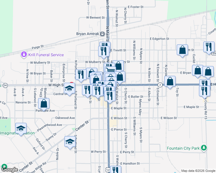 map of restaurants, bars, coffee shops, grocery stores, and more near 108 Highway 15 in Bryan