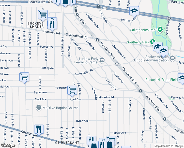 map of restaurants, bars, coffee shops, grocery stores, and more near 3112 Albion Road in Cleveland