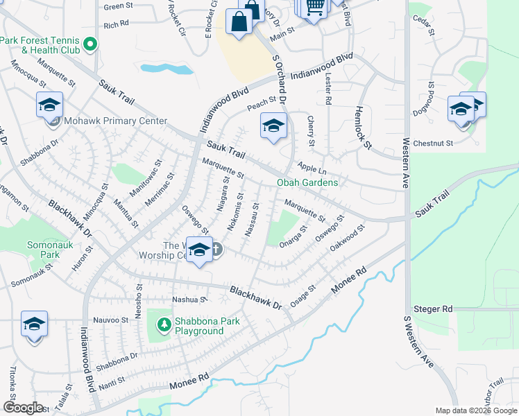 map of restaurants, bars, coffee shops, grocery stores, and more near 321 Nassau Street in Park Forest