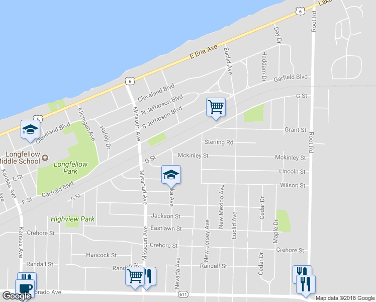 map of restaurants, bars, coffee shops, grocery stores, and more near 2643 Mckinley Street in Lorain