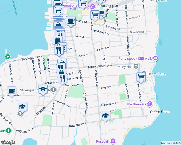 map of restaurants, bars, coffee shops, grocery stores, and more near 72 Webster Street in Newport