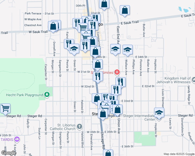 map of restaurants, bars, coffee shops, grocery stores, and more near 16 East 31st Street in Steger