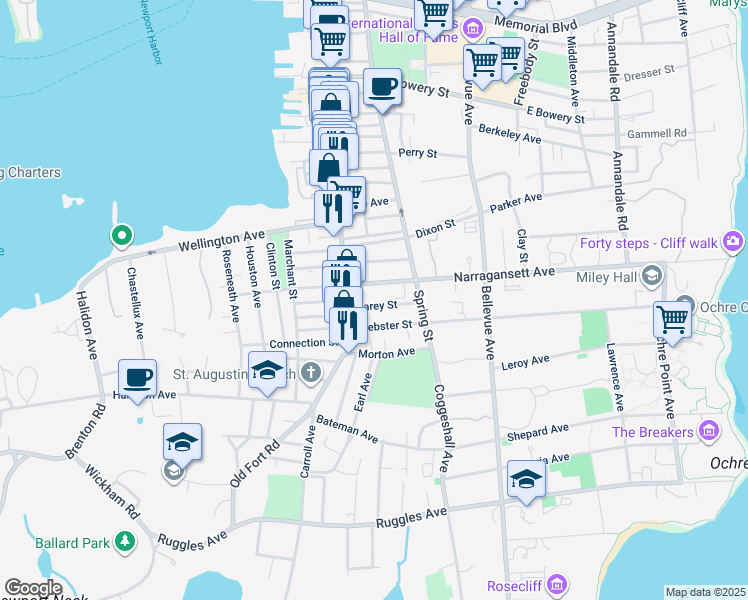 map of restaurants, bars, coffee shops, grocery stores, and more near 5 Narragansett Avenue in Newport