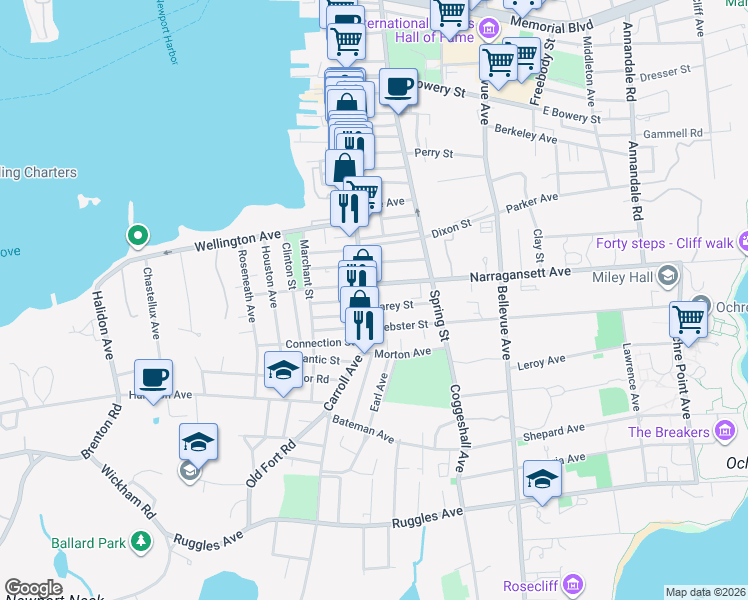 map of restaurants, bars, coffee shops, grocery stores, and more near 5 Narragansett Avenue in Newport