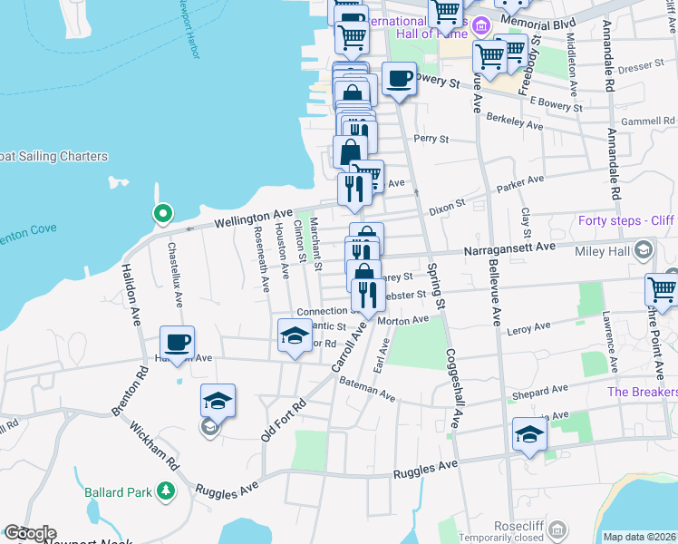 map of restaurants, bars, coffee shops, grocery stores, and more near 14 West Narragansett Avenue in Newport