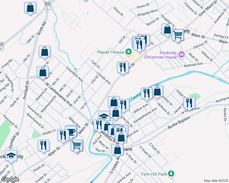 map of restaurants, bars, coffee shops, grocery stores, and more near 267 Main St in Olyphant